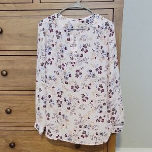 LOFT Cream Floral Blouse with Burgundy Accents